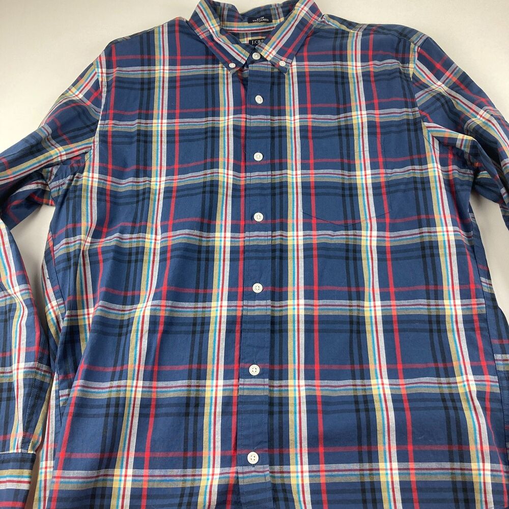 J Crew Flex Washed Mens L Slim Untucked Blue Multicolor Plaid Button Down Shirt